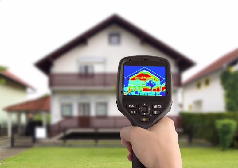 A person using a thermal imaging camera to inspect a house.